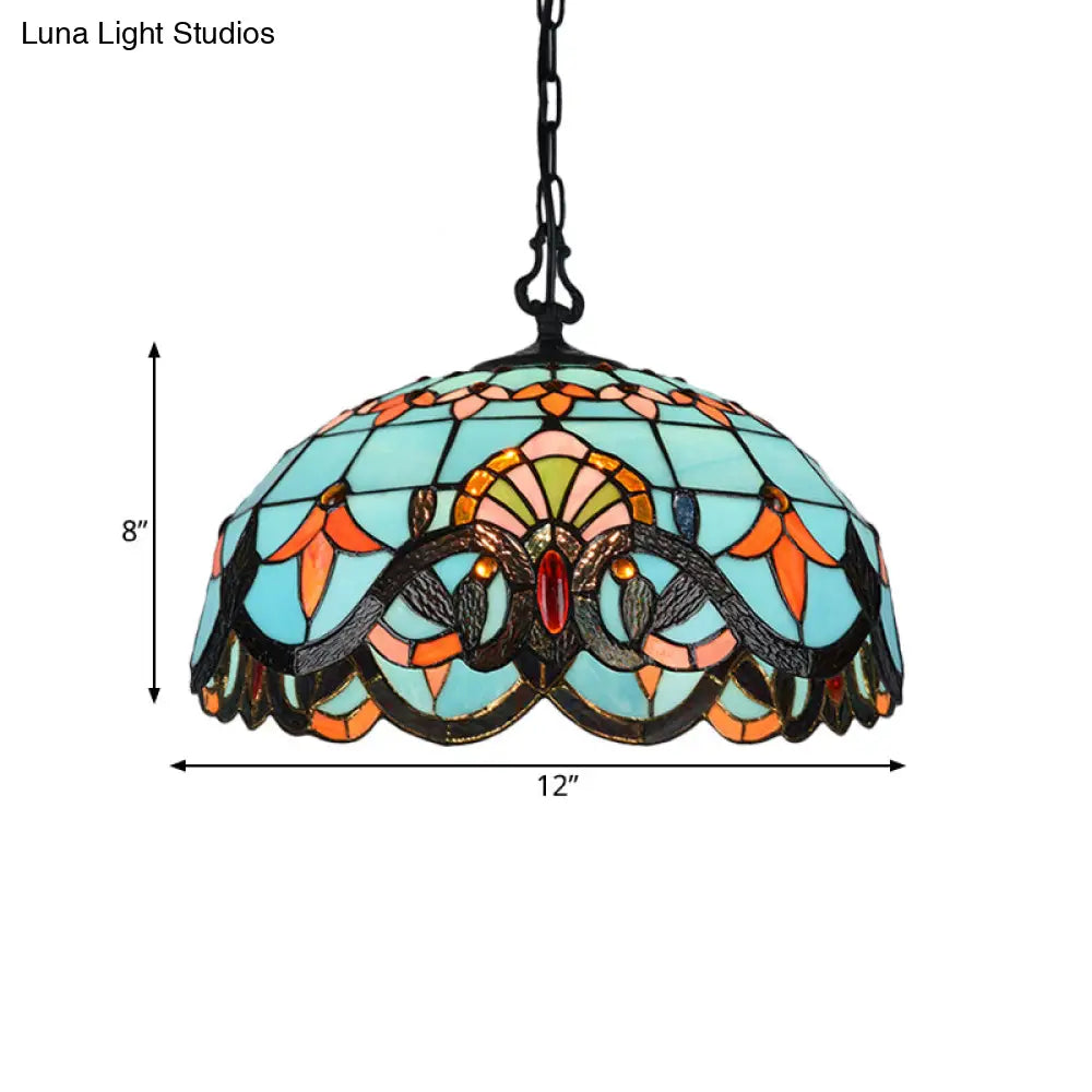 Blue Cut Glass Pendant Light Kit - 12’/16’ W Domed 1 Mediterranean Style
