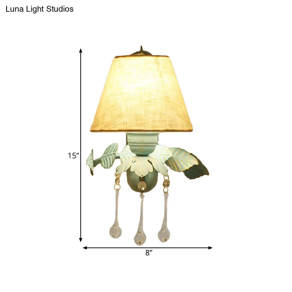 Blue Fabric Wall Sconce With Clear Glass Drop - Countryside Style