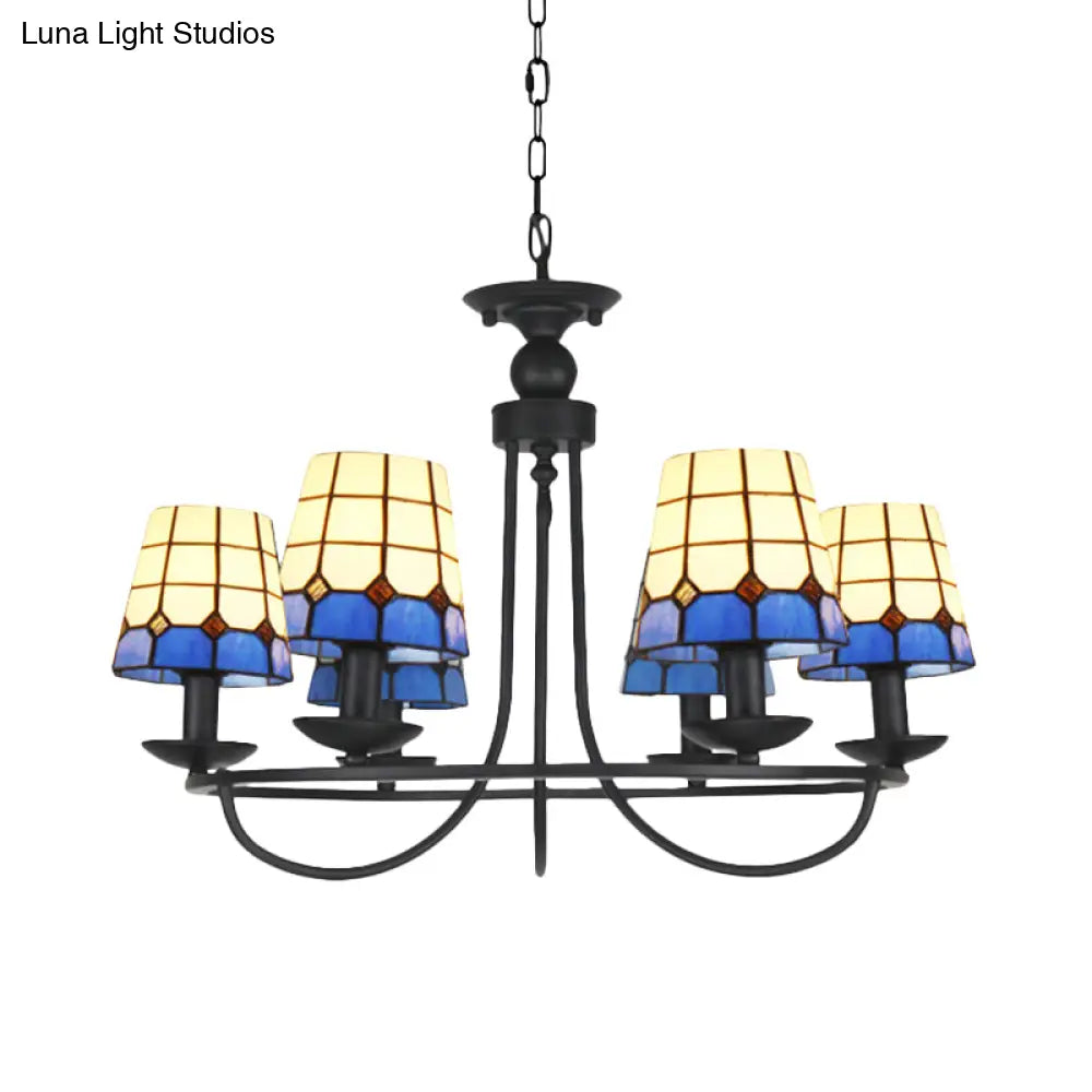 Blue Glass Lattice Chandelier With 4/6/8 Hanging Lights - Perfect For Villa Or Hotel