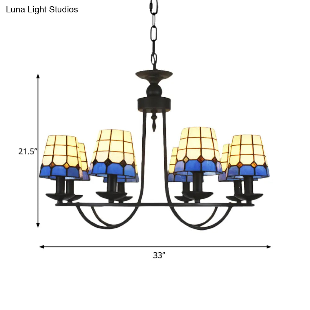 Blue Glass Lattice Chandelier With 4/6/8 Hanging Lights - Perfect For Villa Or Hotel