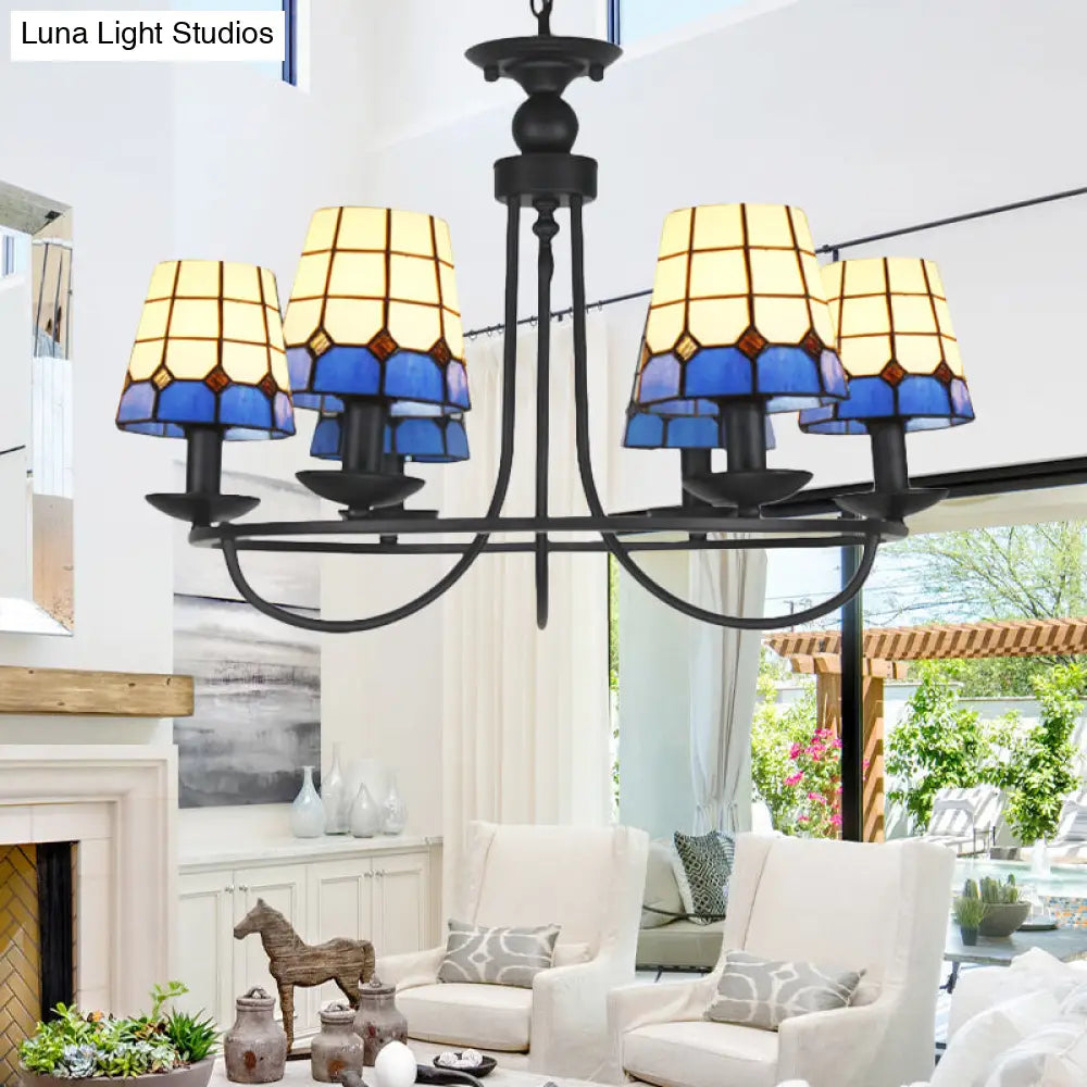 Blue Glass Lattice Chandelier With 4/6/8 Hanging Lights - Perfect For Villa Or Hotel