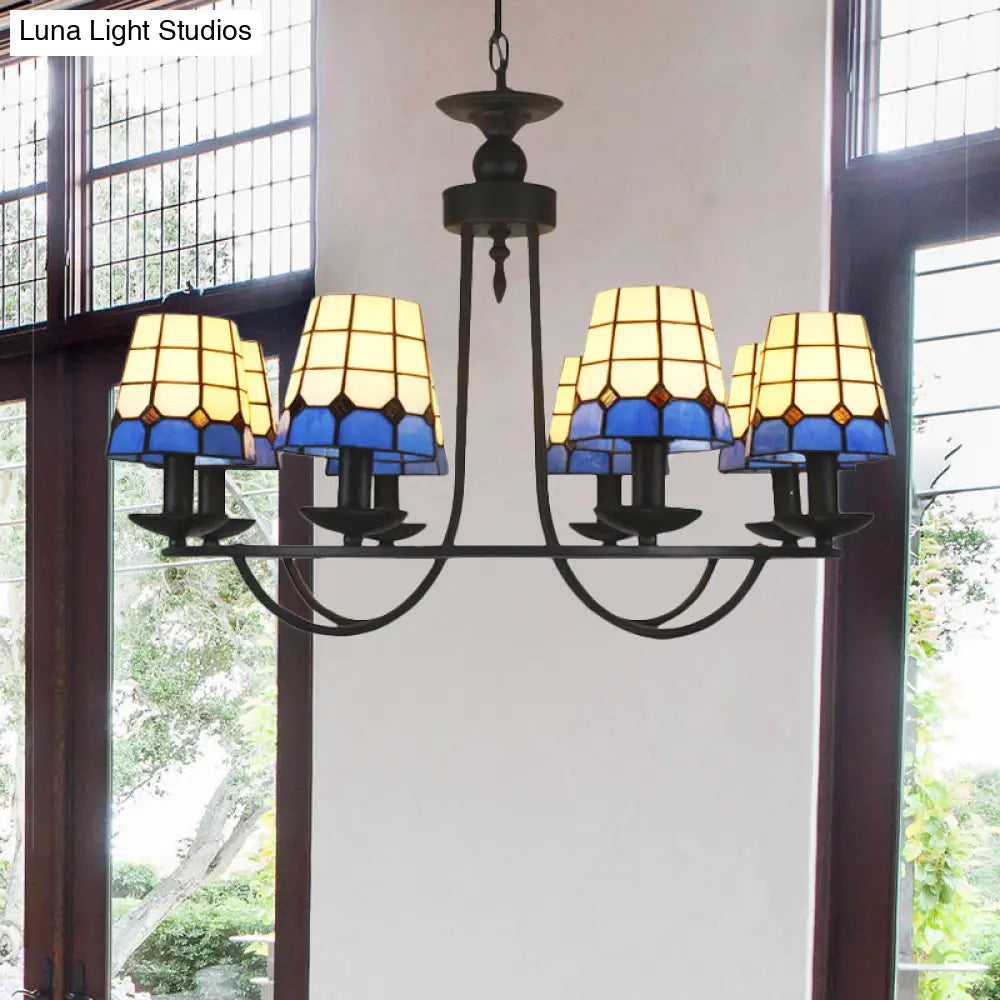 Blue Glass Lattice Chandelier With 4/6/8 Hanging Lights - Perfect For Villa Or Hotel