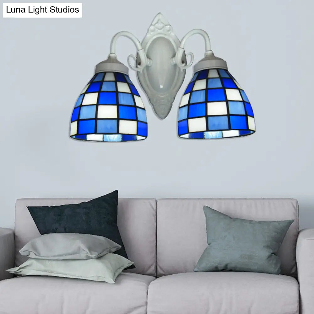 Blue Glass Mosaic Dome Wall Lighting - 2 Lights Bathroom Mounted Lamp In White Finish