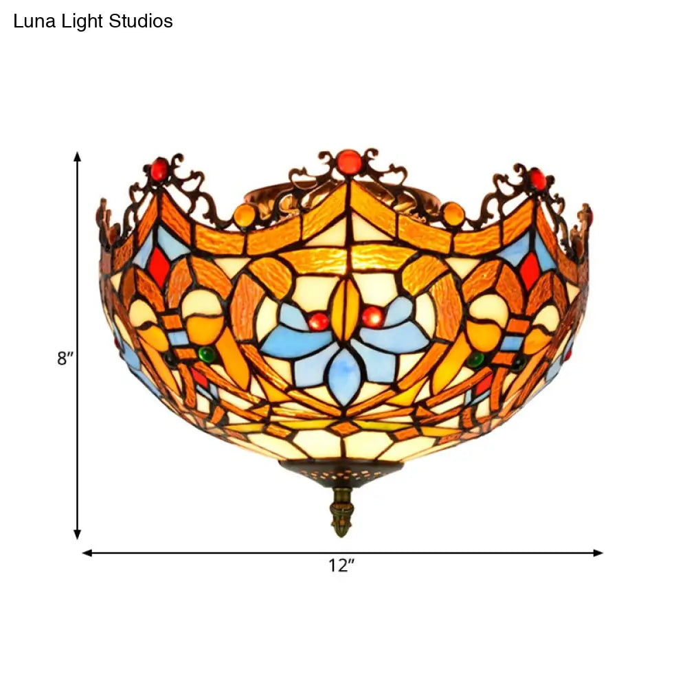 Blue Hand Cut Glass Ceiling Mount Light Scalloped Baroque Design 12’/16’ Width 2/3 Lights