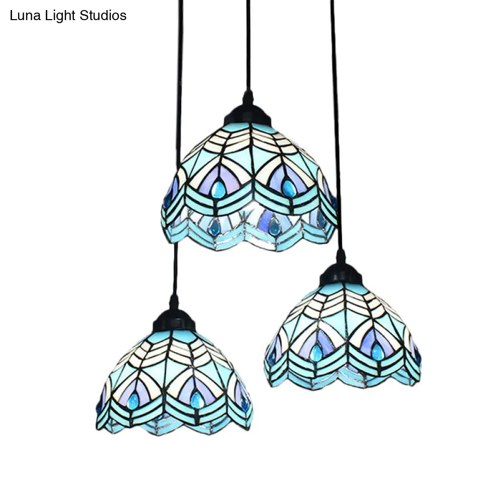 Blue Hand-Cut Glass Pendant Light With Mediterranean Charm - 3 Head Hemisphere Cluster Round/Linear