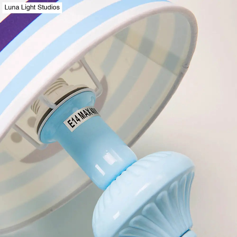 Blue Kids Wall Lamp With Tapered Shade For Study Room - 2 Heads Fabric & Metal Design