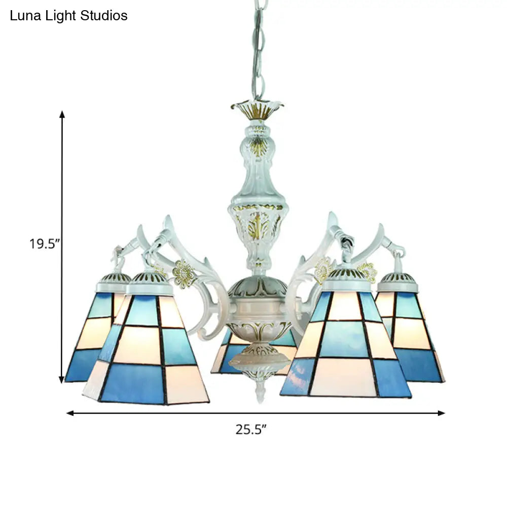 Blue Stained Glass 5-Light Chandelier With Adjustable Chain For Foyer