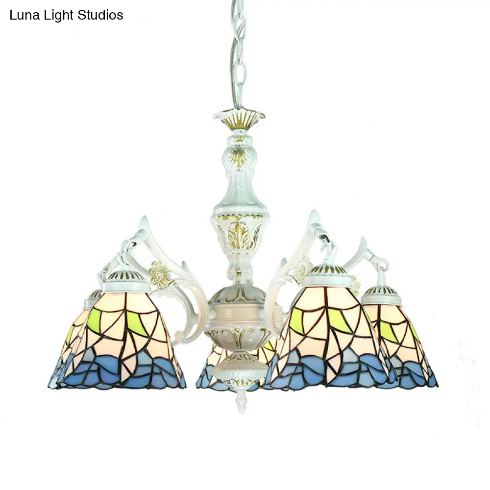 Blue Stained Glass 5-Light Chandelier With Adjustable Chain For Foyer