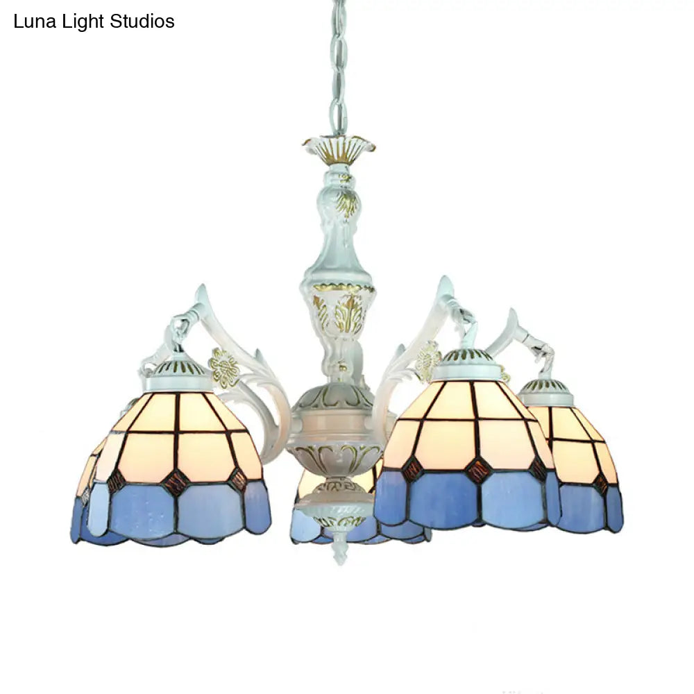 Blue Stained Glass 5-Light Chandelier With Adjustable Chain For Foyer