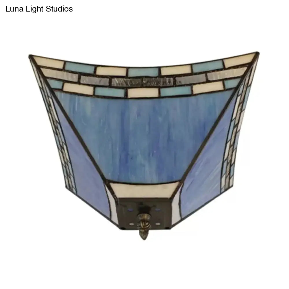 Blue Stained Glass Ceiling Light: Flush Mount With Tiffany Style Pyramid Shade - Perfect For Living