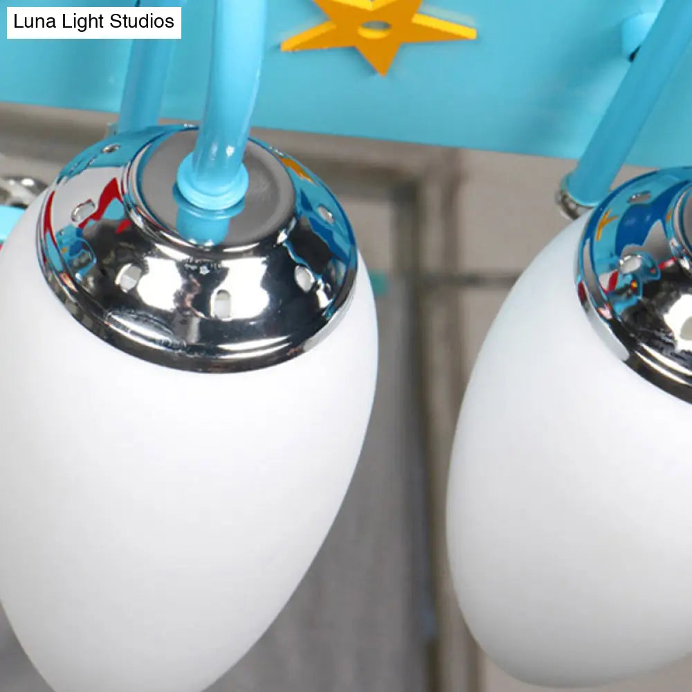 Blue Wooden Propeller Plane Ceiling Lamp With 4 Cartoon Heads - Theme Park Flush Mount Light