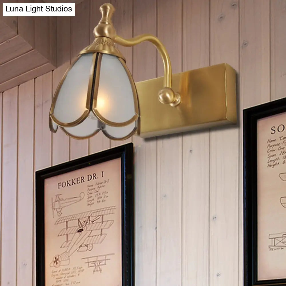 Brass Flower Wall Sconce With Frosted Opal Glass - 1/2/3 Lights Rural Bathroom Vanity Lighting