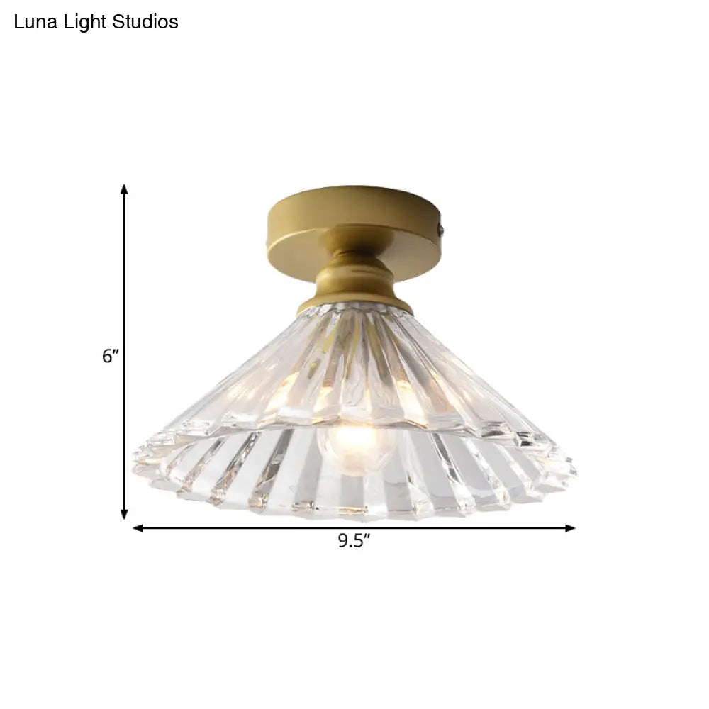 Brass Flush Mount Ceiling Light With Clear Ridged Glass - Traditional Tapered Single Head Lamp
