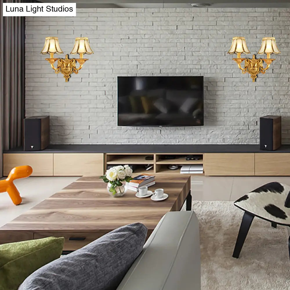 Brass Metal Wall Sconce Light Fixture For Living Room - Traditional Scalloped Design Half-Bulb Ideal