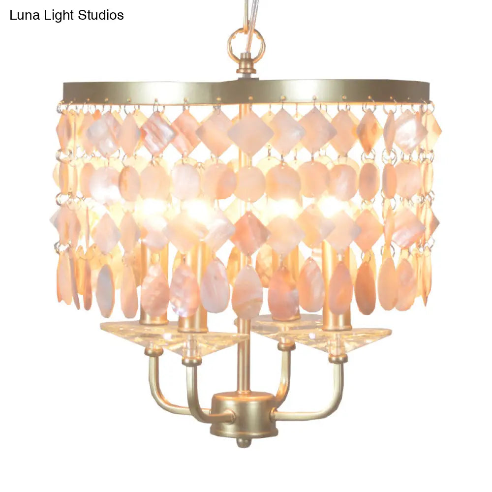 Brass Shell Suspended Ceiling Chandelier With Traditional Drum Design - 4/6 Bulbs