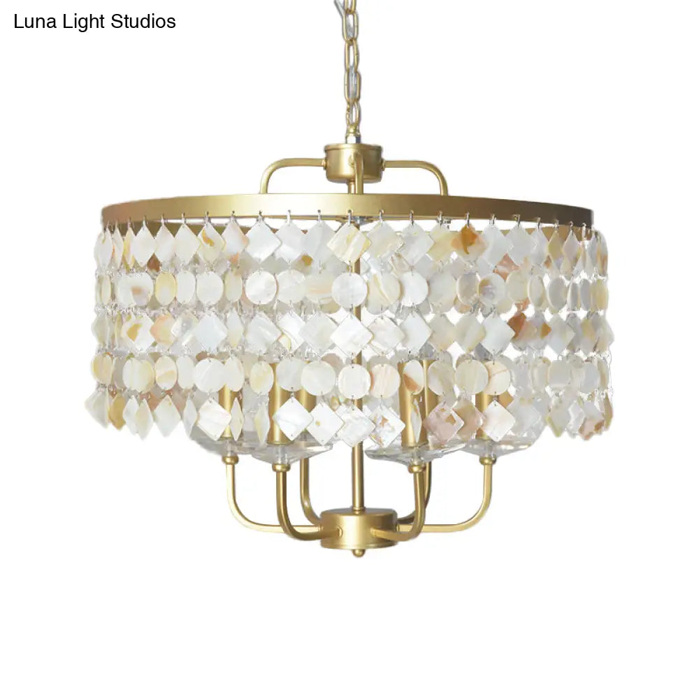 Brass Shell Suspended Ceiling Chandelier With Traditional Drum Design - 4/6 Bulbs
