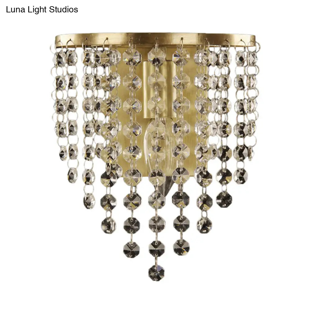 Brass-Toned Tapered Wall Sconce With Crystal Chain - Minimalist 1-Light Mounted Fixture
