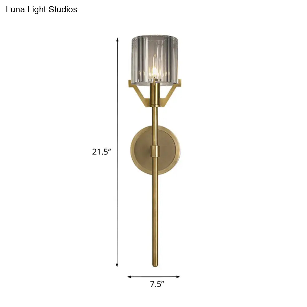 Brass Wall Sconce With Clear Crystal Block Cylinder And Pencil Arm