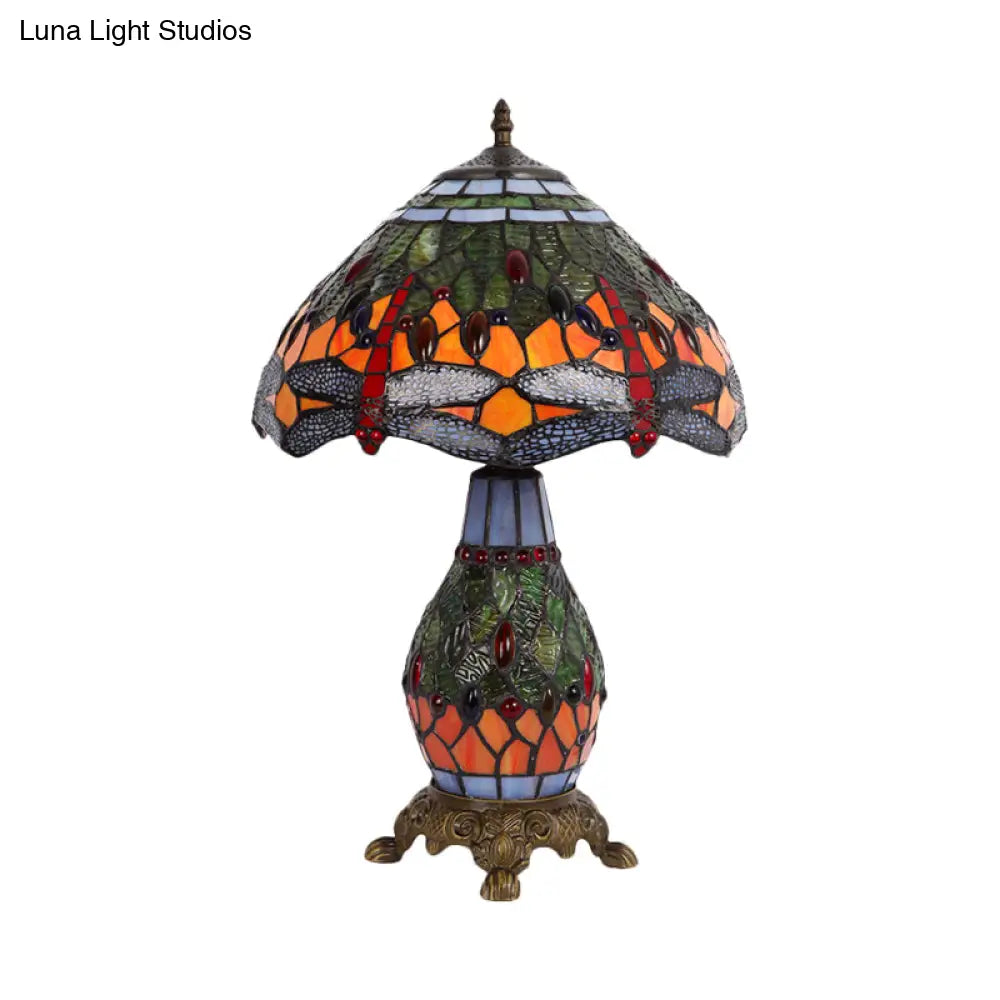 Bronze Baroque Art Glass Nightstand Lamp With Quadpod Stand - Tapered Table Lighting 2 Lights