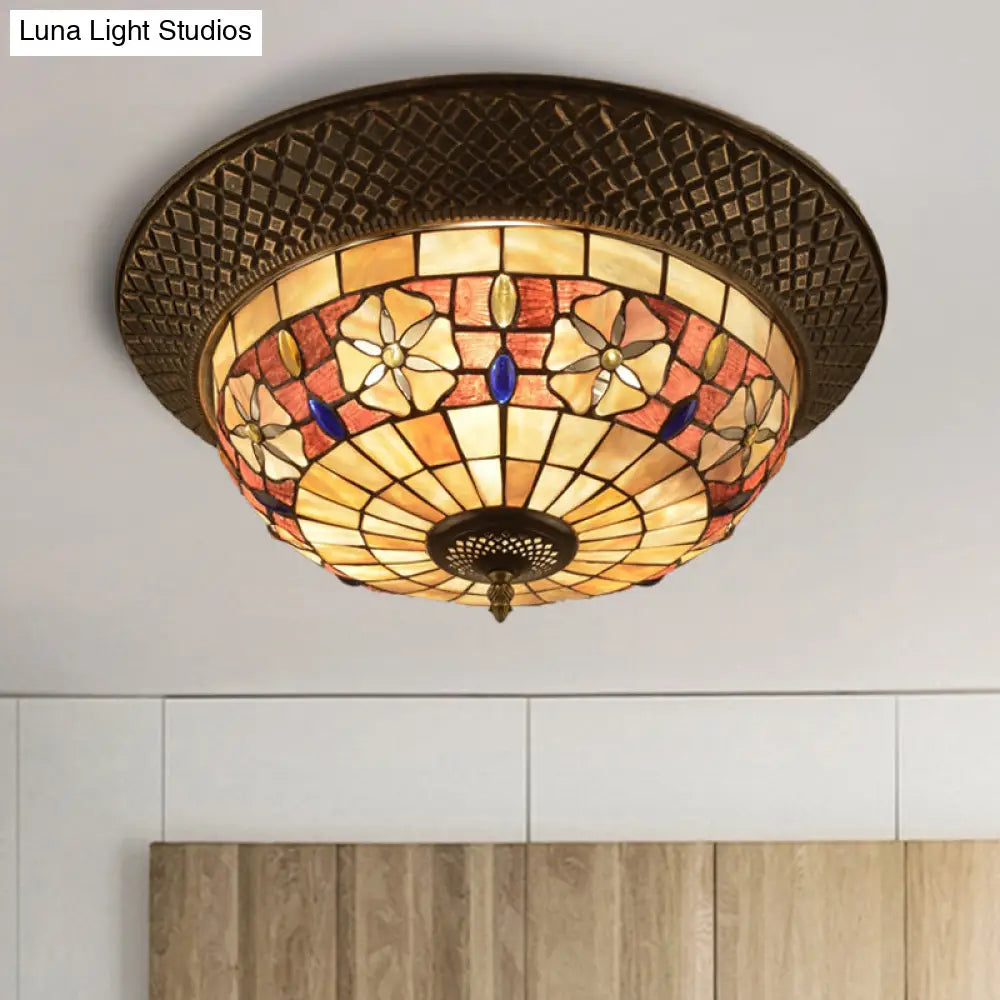 Bronze Cap Flush Mount Light With Tiffany Led Shell And Trellis Pattern