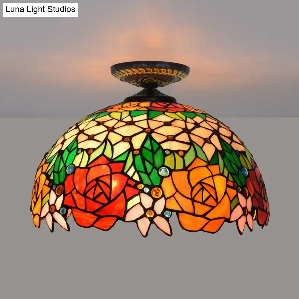 Bronze Rose/Flower Tiffany Ceiling Lamp - Multicolored Stained Glass Flush Mount Lighting