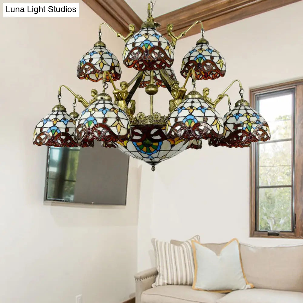 Brown Mermaid Design Chandelier Pendant Lamp With Tiffany Cut Glass Dome For Living Room - 15 Lights