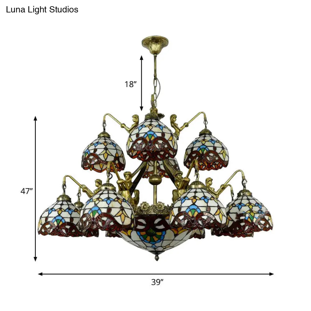 Brown Mermaid Design Chandelier Pendant Lamp With Tiffany Cut Glass Dome For Living Room - 15 Lights