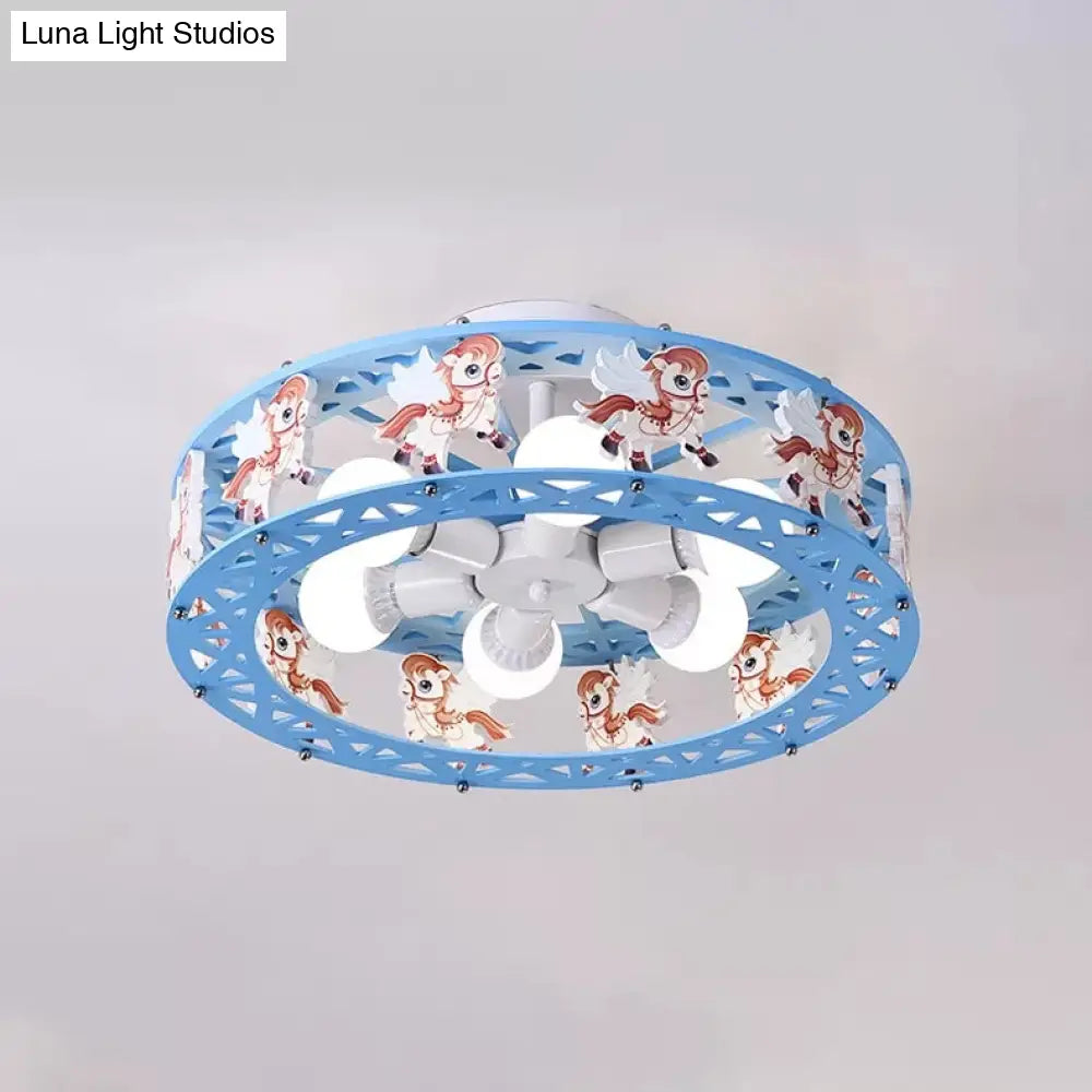 Cartoon Carousel Ceiling Lamp With 6 Metal Lights For Kids’ Bedrooms