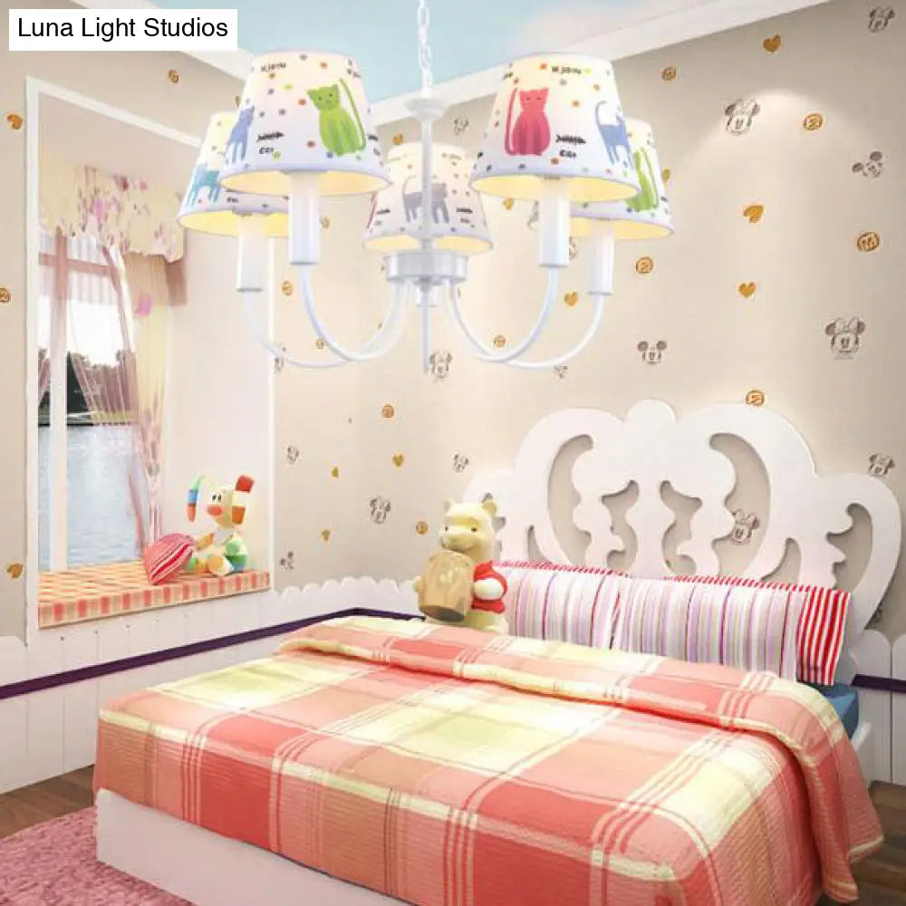 Cartoon Cat Hanging Chandelier - Kids Bedroom Lamp Fixture With 5 Fabric Lights