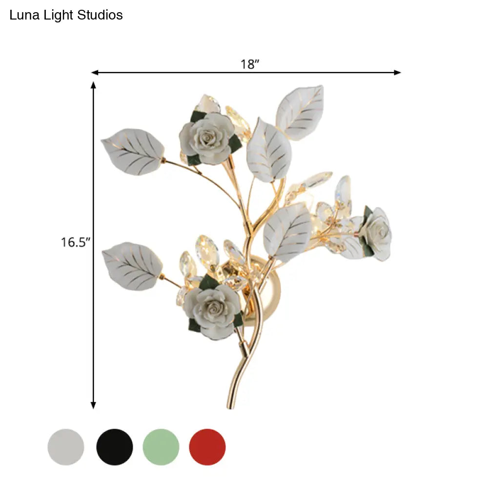 Ceramic And Crystal Branch Wall Lamp With 3 Bulbs Rose/Leaf Design In Black/White For Bedroom Sconce