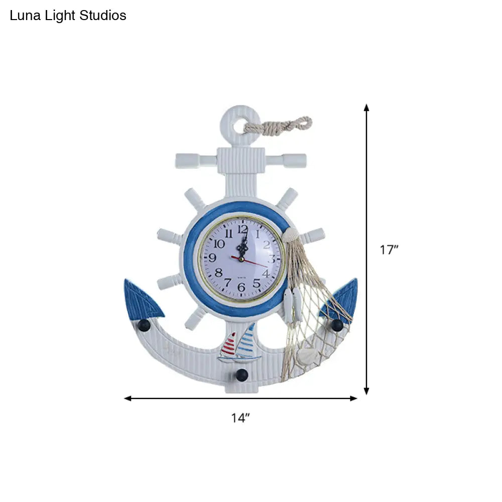 Child Bedroom Nautical Blue Anchor Rudder Wall Light With Clock - Stylish Wood Lamp