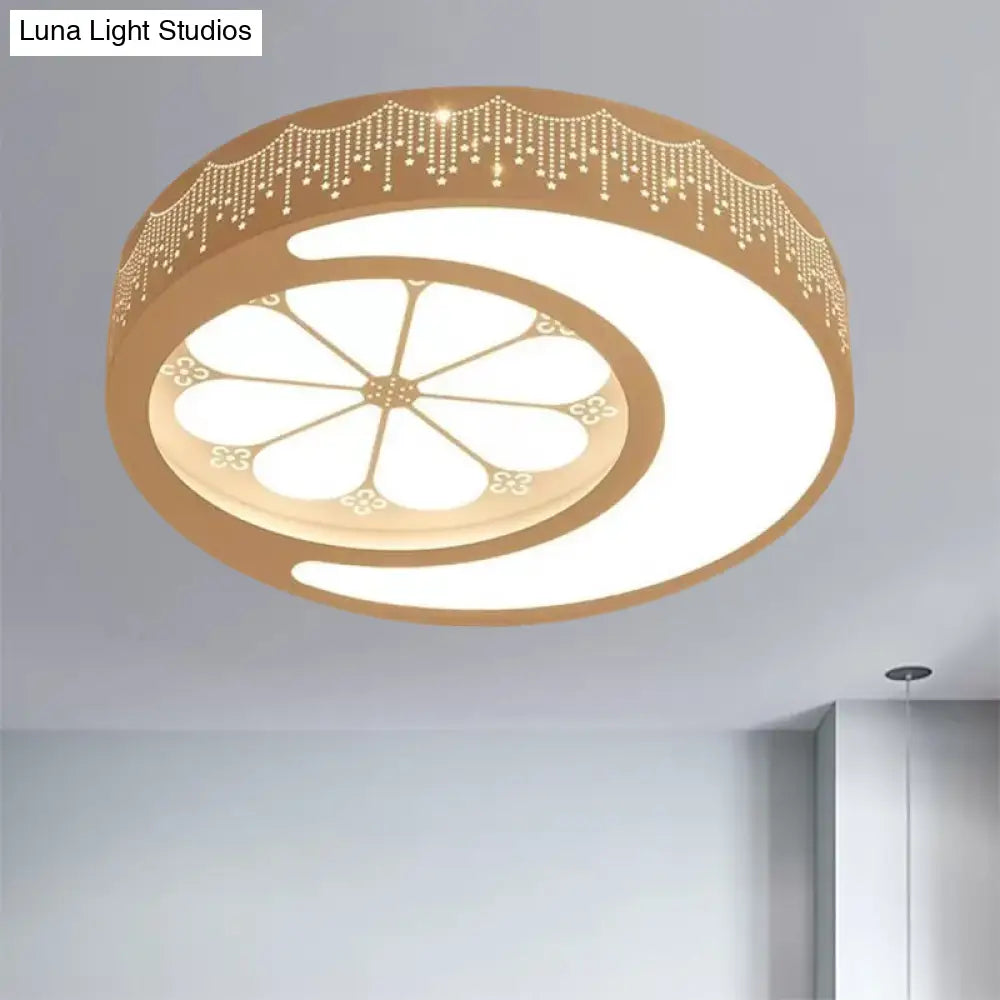Children’s Metallic Ceiling Lamp: Circular Led Flush Mount Light With Crescent And Flower Design