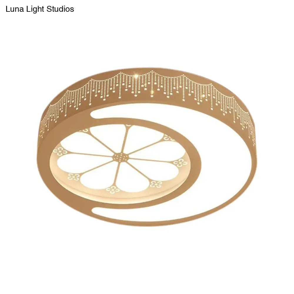 Children’s Metallic Ceiling Lamp: Circular Led Flush Mount Light With Crescent And Flower Design