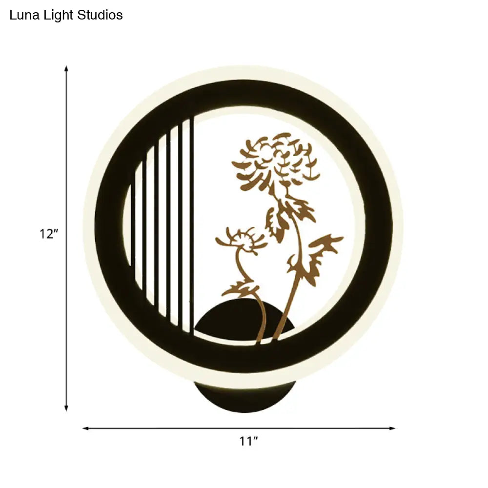Chinese Acrylic Led Wall Light Fixture In Black For Living Room Décor With Chrysanths/Orchid Flower