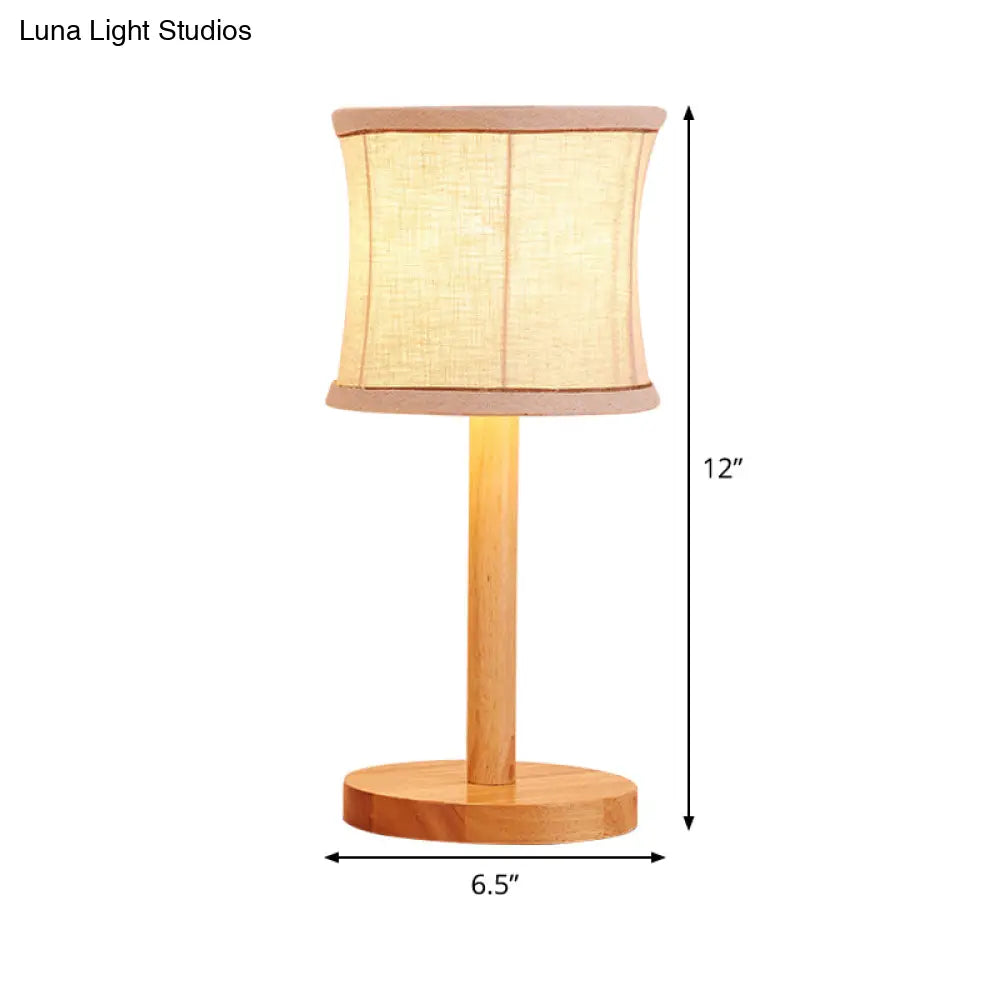 Chinese Beige Night Table Lamp With Barrel Fabric Shade - 1 Bulb Bedroom Task Light