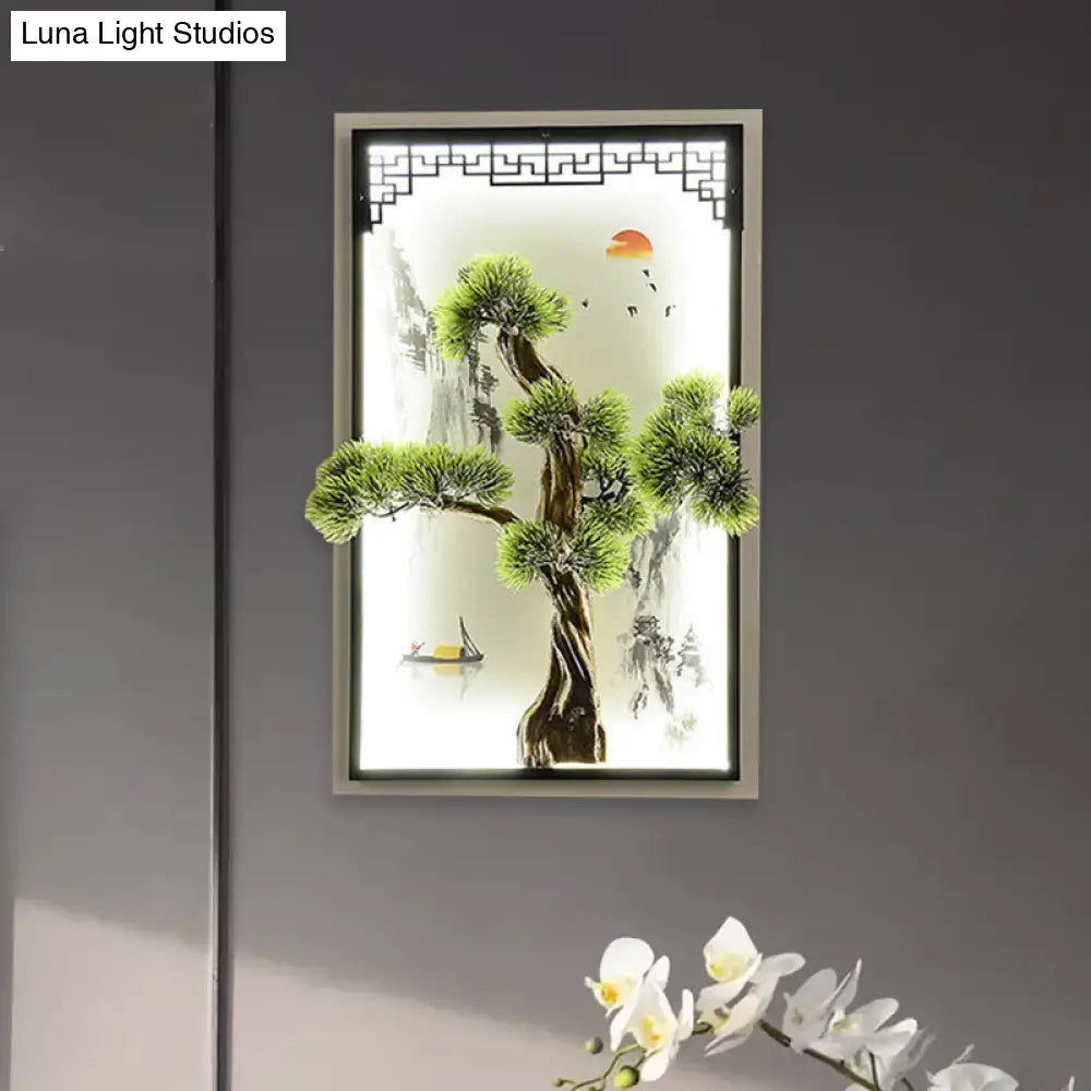 Chinese Landscape Pine Tree Iron Mural Sconce Light With Led Flush Mount - Green Decor