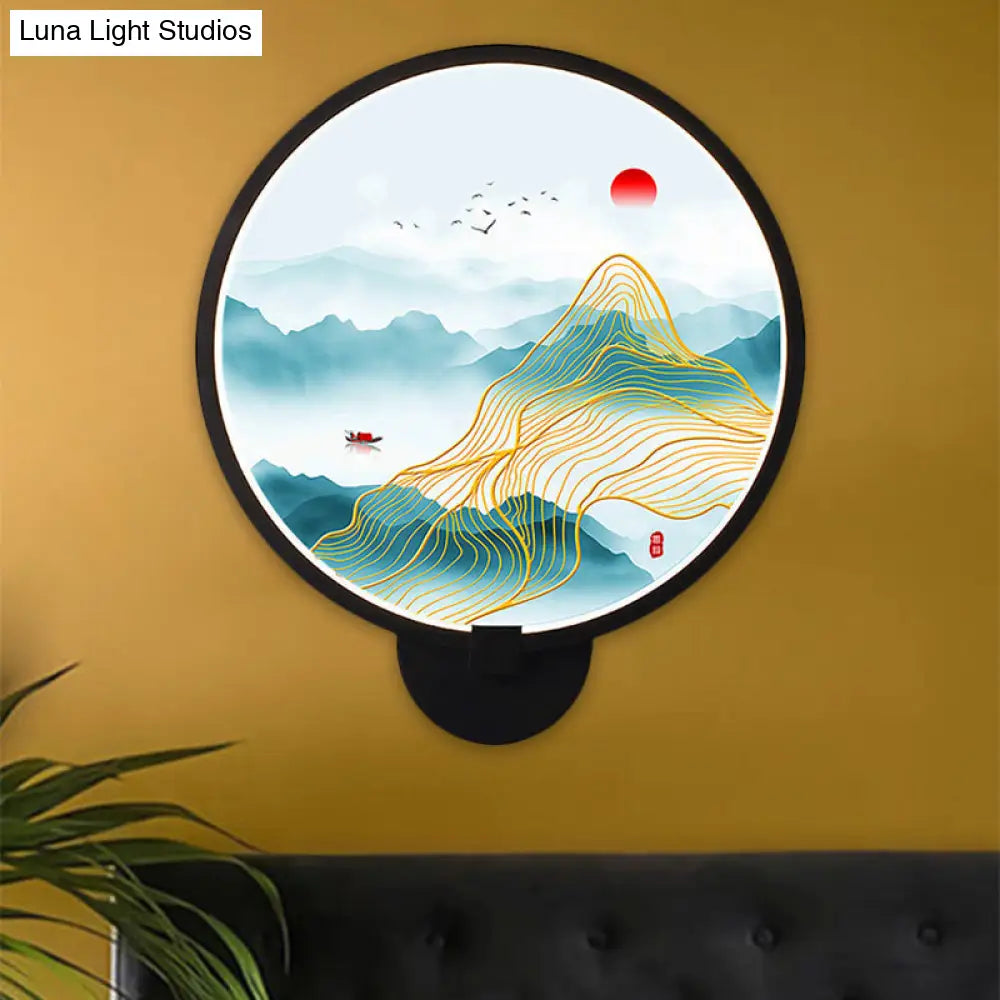 Chinese Metal Led Wall Lamp With Circular Natural View - Black Mural Light For Bedroom