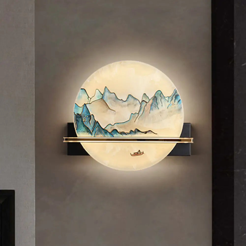 Chinese Metal Led Wall Sconce With Blue And White Hill Painting Mural For Bedside Blue-White