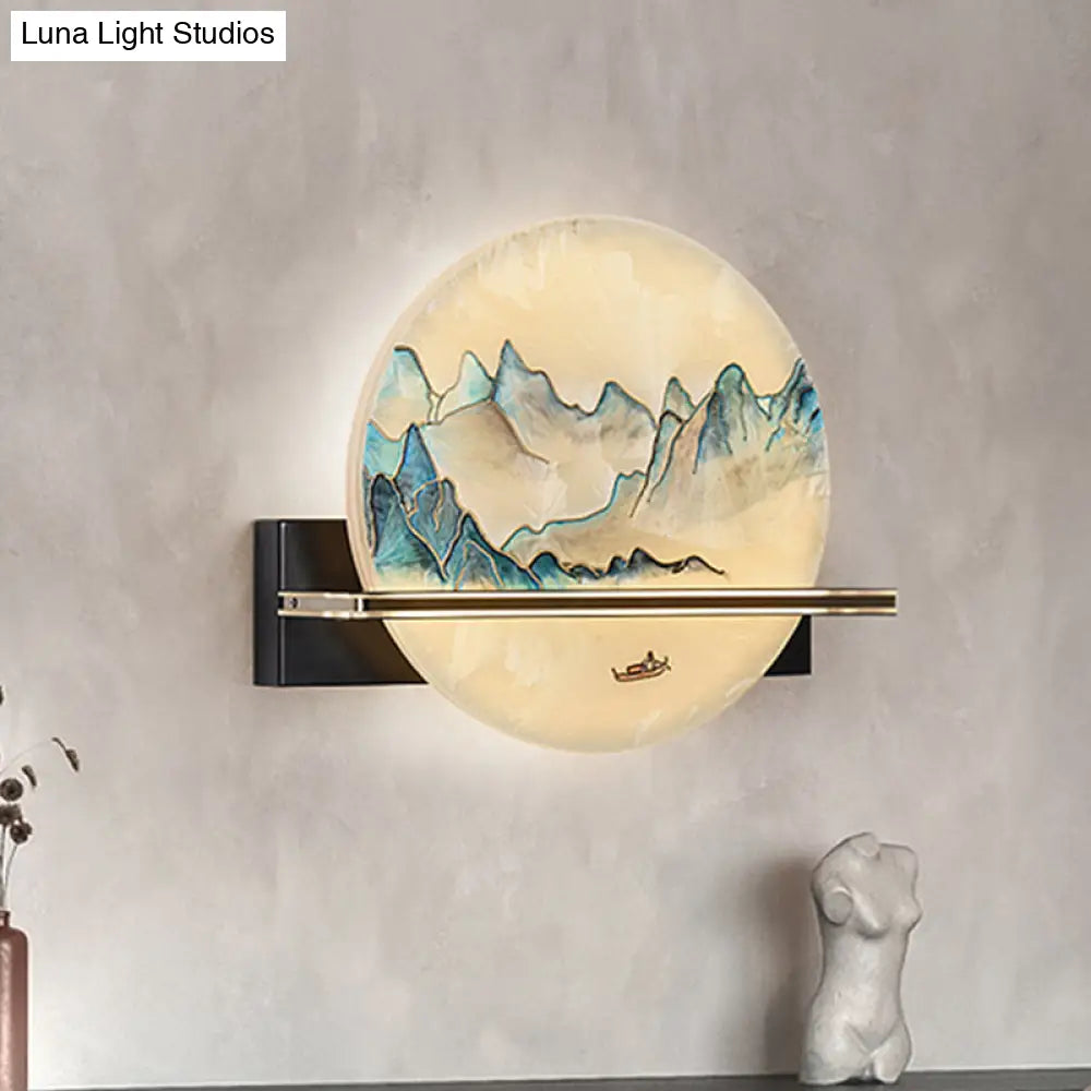 Chinese Metal Led Wall Sconce With Blue And White Hill Painting Mural For Bedside
