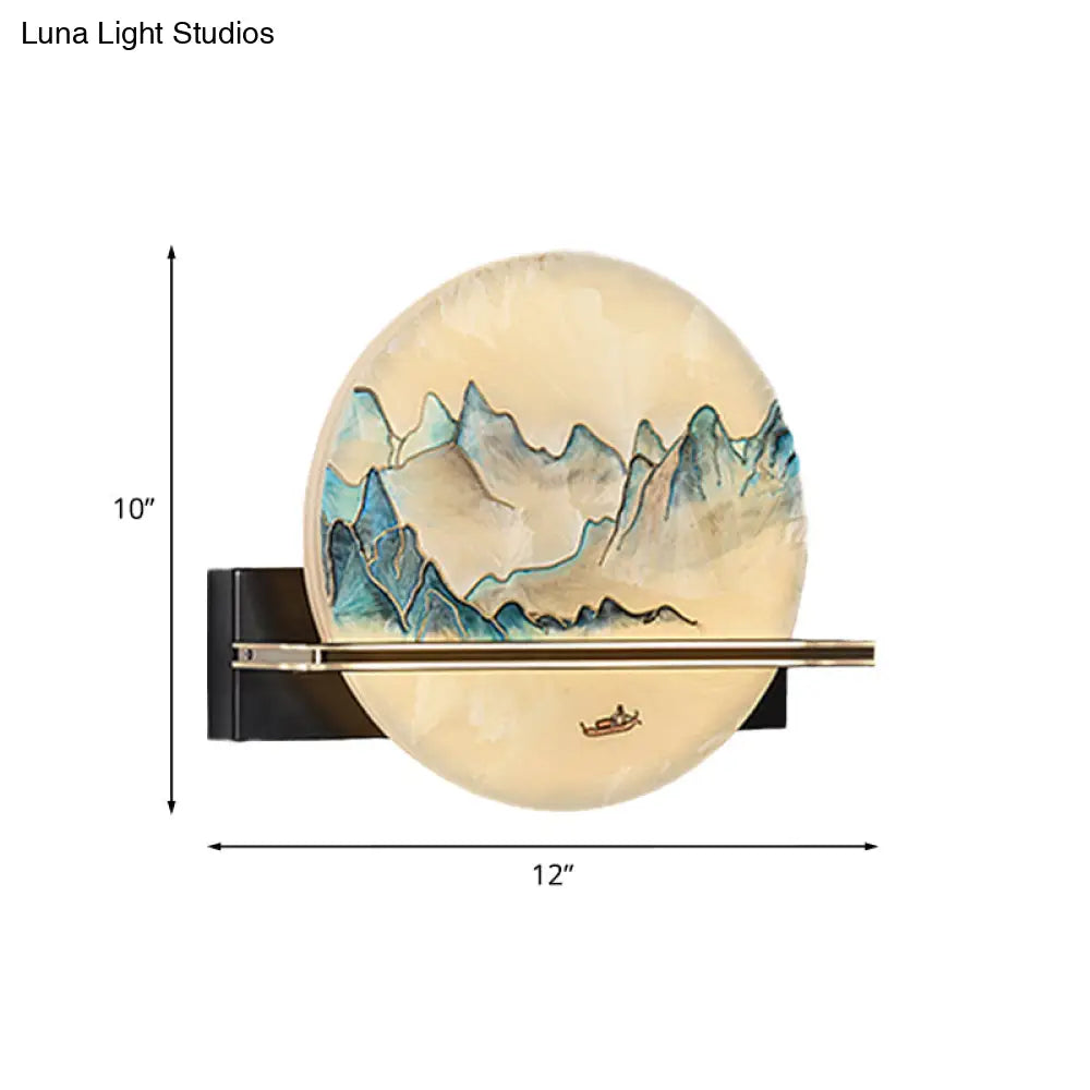 Chinese Metal Led Wall Sconce With Blue And White Hill Painting Mural For Bedside