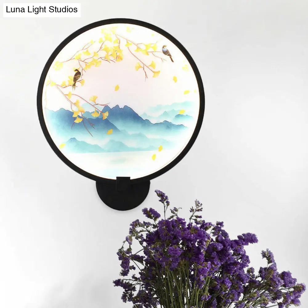 Chinese Style Acrylic Led Wall Sconce In Black Ginkgo/Blooming Plum Mural Light Fixture For Bedrooms