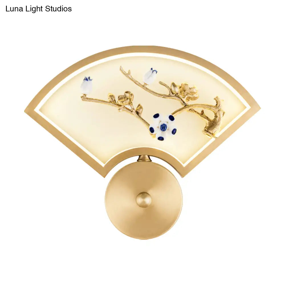 Chinese Style Led Gold Branch Wall Mural Lamp - Fan Metal Mounted Lighting For Corridors