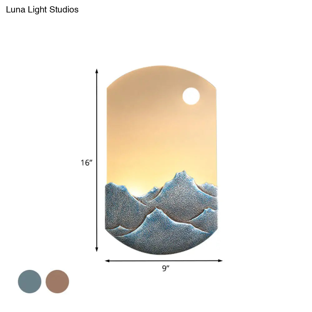 Chinese Style Led Oval Wall Mural Light - Silver/Brown Acrylic Mount With Mountain Pattern For