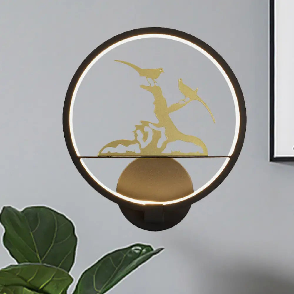 Chinese Style Led Wall Lamp With Bird Pattern And Metallic Finish For Bedroom Black