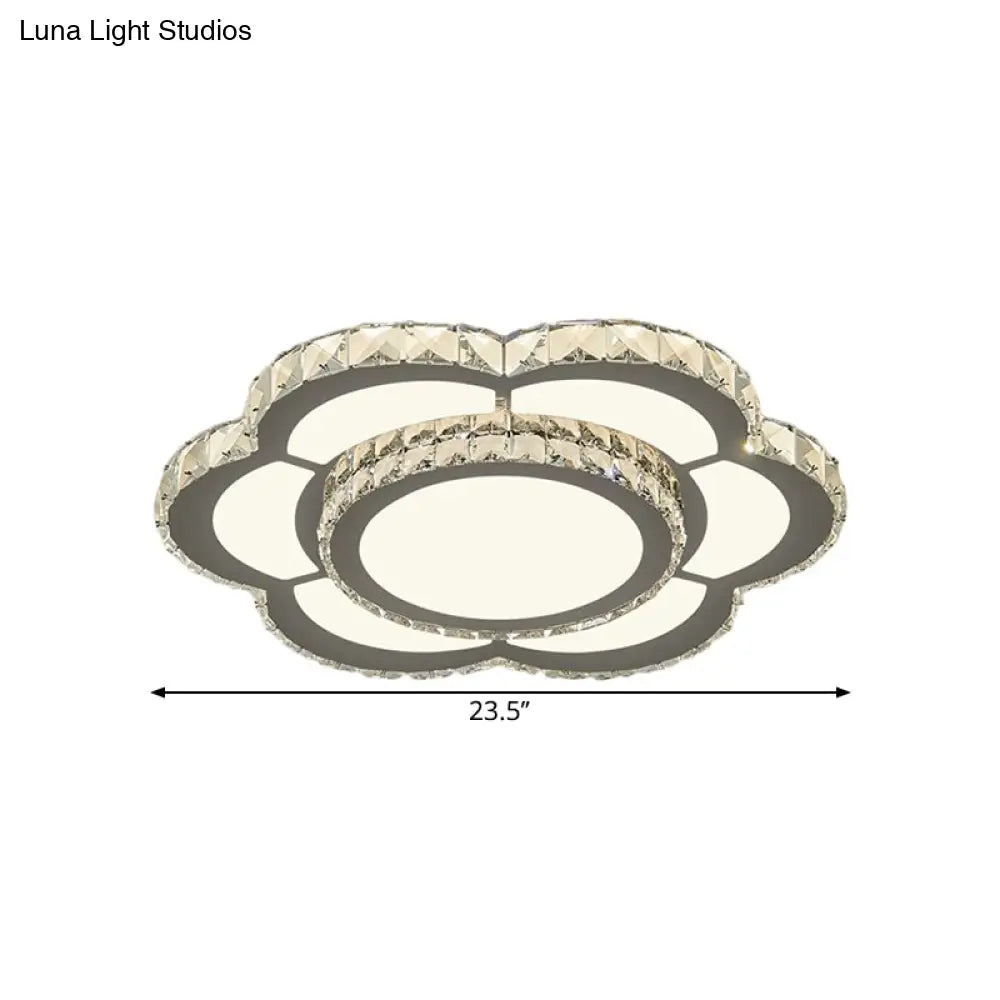 Chrome Led Flower Ceiling Light With Faceted Crystal And Warm/White Glow 18’ Or 23.5’ Wide
