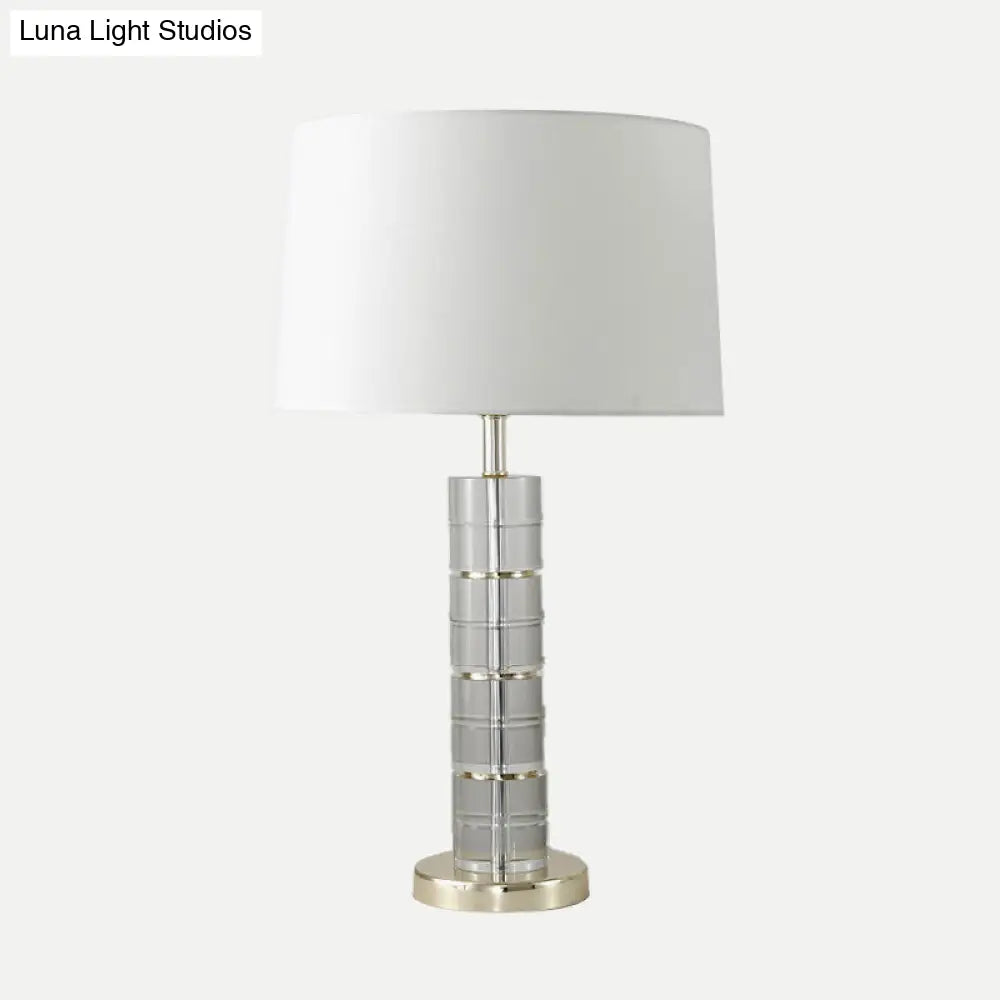 Chrome Small Desk Lamp With Clear Crystal Modern Cylindrical Fabric Table Light