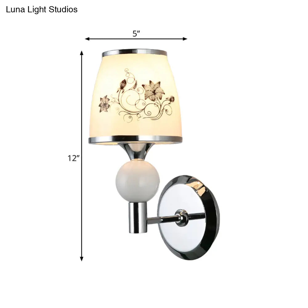 Chrome Wall Lamp - Single-Bulb Pastoral Tapered Sconce Light With White Patterned Glass