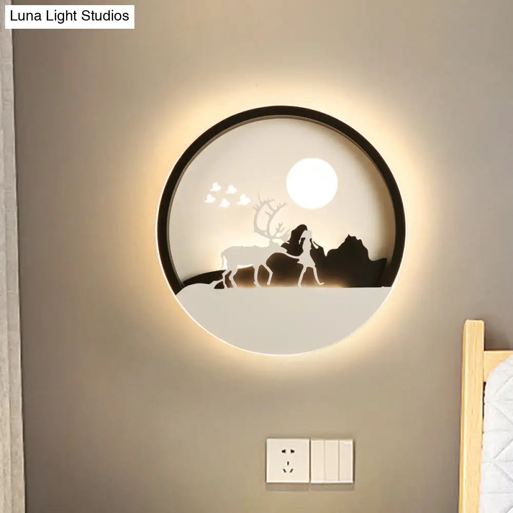 Circular Acrylic Wall Lamp With Elk Deer Pattern In Minimal Black - Led Mount Light