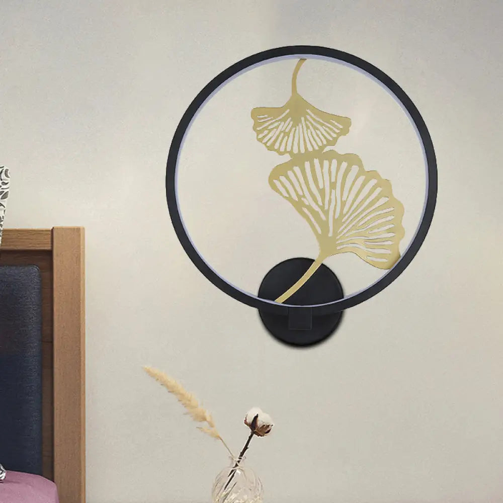 Circular Ginkgo Mural Light: Contemporary Led Metallic Wall Lighting For Living Room (Black/White