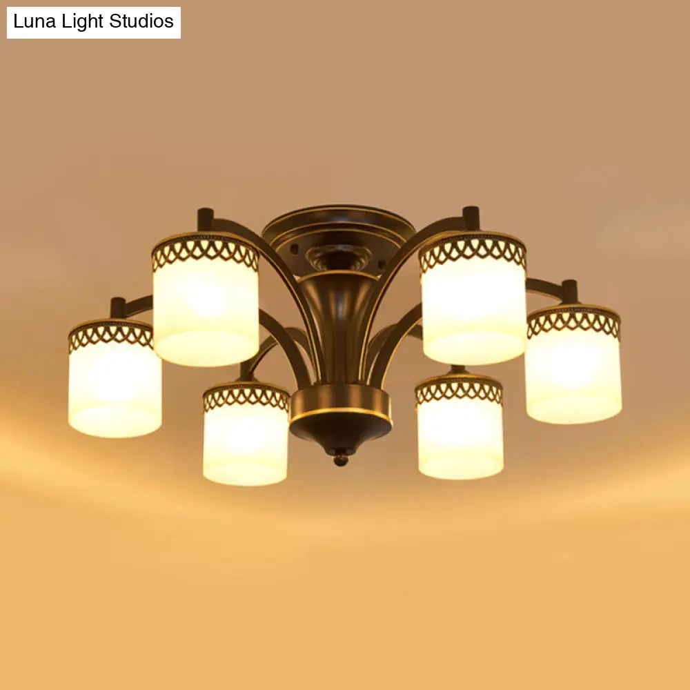 Classic Black Semi Mount Cylinder Ceiling Light Fixture With Twisted Arm - 3/6 Bulbs Tan Glass
